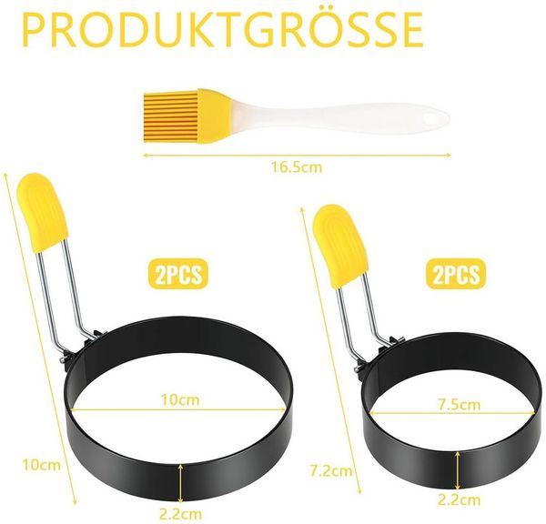 TUWENA Herzkuchenform 4 Stück Spiegeleiform Edelstahl, Mit Silikon Klappgriffen und Ölpinsel