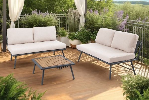 riess-ambiente Gartenlounge-Set MOBILE MODULAR anthrazit/hellgrau – WPC, Outdoor-Stoff, wetterfest, (Set, 3-tlg, 2x Sitzbänke, Beistelltisch), pflegeleicht & modular - Garten-Lounge ideal für Terrasse & Balkon