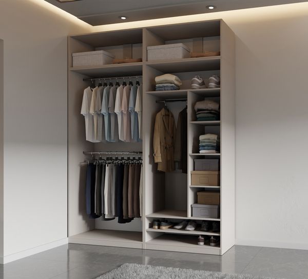 Marmex Möbel Tres Set-A/N Offener Modulschrank, Schrankset mit Aufsätzen, Ankleidezimmer Möbel, für Kleidung und Schuhe, laminierte Spanplatte, graubeige cashmere 190 x 246 x 51 cm