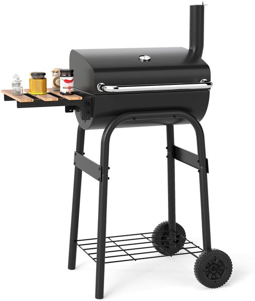 Holzkohlegrill mit Klappbarem Seitentisch & Thermostat Grillwagen Outdoor BBQ Grill