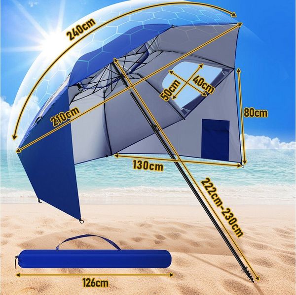Clanmacy Sonnenschirm Strandschirm 210 cm UV50+ neigbar mit Spiral-Erdspieß, Blau, LxB: 210x230 cm, Stabiler knickbar/für Garten, Balkon, Terasse/Sonnenschutz UV50+