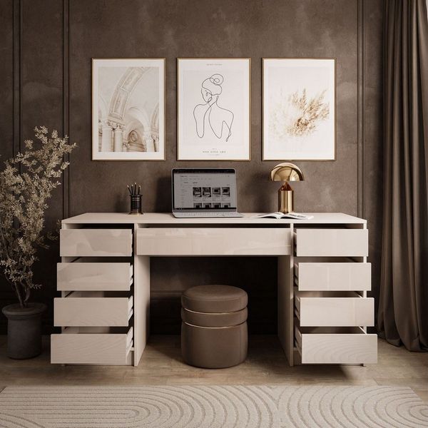 ALLHOUSE24 Schreibtisch MAYA DOUBLE mit 9 Schubladen Hochglanz Fronten weiß oder kaschmir, Breite 152 cm