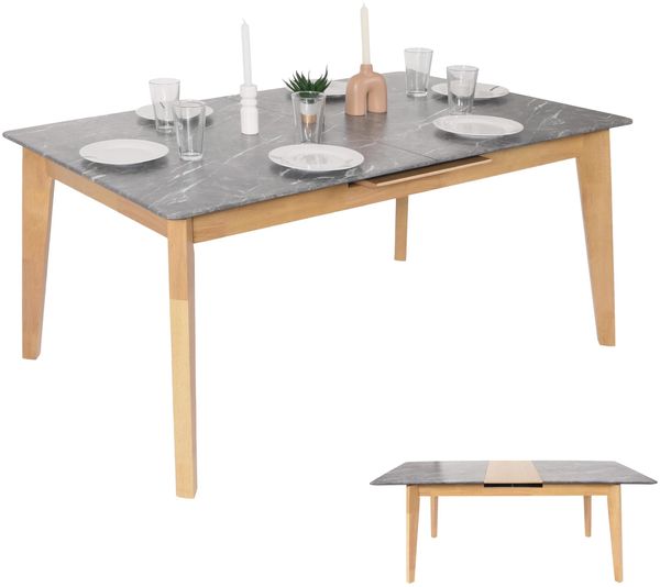 Esszimmertisch HWC-M57, Esstisch, Massiv-Holz Laminat Melamin 160-200x90cm, ausziehbar Marmor/Stein-Optik, helle Beine