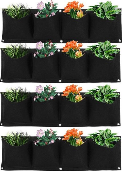 FUROKOY Blumenständer 4 Stück 4 Häfen Hänge-Pflanzsack,Wand-Pflanzsäcke (Biologisch abbaubare, umweltfreundliche), Filz-Pflanzsäcke zum Aufhängen für Keimlinge und Pflanzen