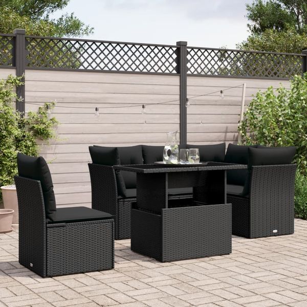 vidaXL 6-tlg. Garten-Sofagarnitur mit Kissen Schwarz Poly Rattan 3266585