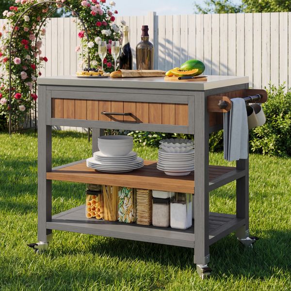 Merax Gartenschrank mit Rädern & Arbeitsplatte aus Edelstahl – Mobiler Werkzeugschrank mit Schublade & Ablage, wetterfestes Sideboard mit Doppelregal & Handtuchhalter