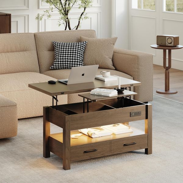 COLAMY 101,6 cm Smart Lift-Top Couchtisch für Wohnzimmer, 4-in-1 multifunktionaler moderner Couchtisch mit Aufbewahrungsschubladen, LED-Licht und Ladestation, Landhaus-Holz-Couchtisch, Walnuss