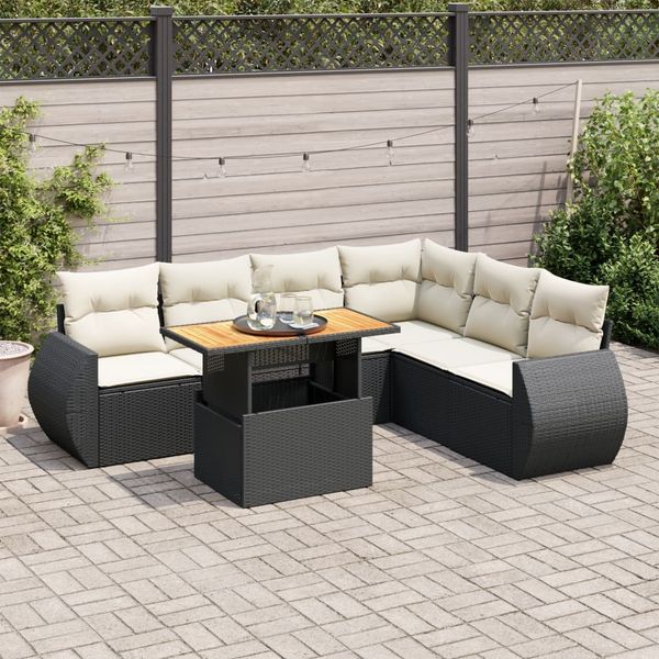 vidaXL 7-tlg. Garten-Sofagarnitur mit Kissen Schwarz Poly Rattan 3327269