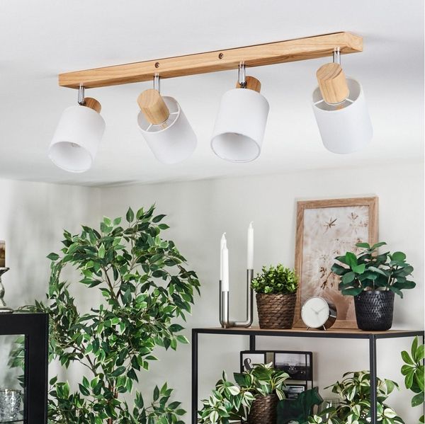 hofstein Deckenleuchte Deckenlampe aus Holz/Metall/Stoff in Natur/Chromfarben/Weiß, ohne Leuchtmittel, verstellbare Deckenleuchte im modernen Design (Schirme Ø 9 cm), 4xE14