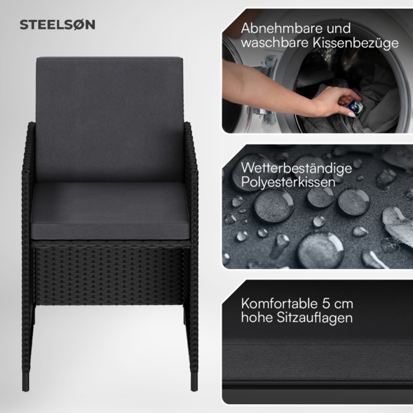 STEELSØN 'Xenara' Polyrattan 3-tlg. Gartenmöbel Set, Sitzgruppe aus 2 Stühlen und Tisch mit Glasplatte, zusammenklappbar, schwarz/anthrazit, wetterfest Bild 4