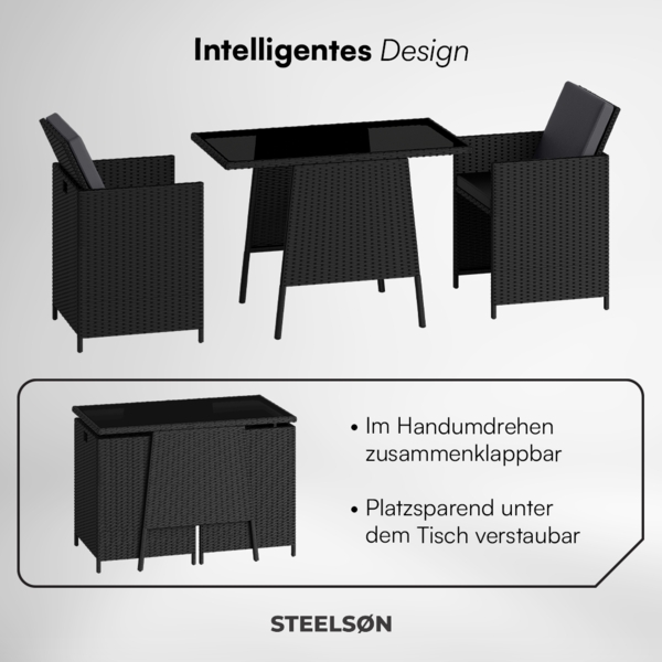 STEELSØN 'Xenara' Polyrattan 3-tlg. Gartenmöbel Set, Sitzgruppe aus 2 Stühlen und Tisch mit Glasplatte, zusammenklappbar, schwarz/anthrazit, wetterfest Bild 6