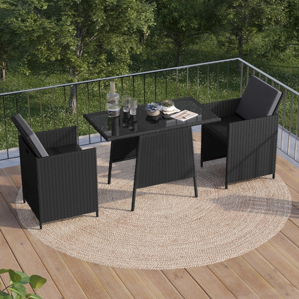 STEELSØN 'Xenara' Polyrattan 3-tlg. Gartenmöbel Set, Sitzgruppe aus 2 Stühlen und Tisch mit Glasplatte, zusammenklappbar, schwarz/anthrazit, wetterfest Bild 2
