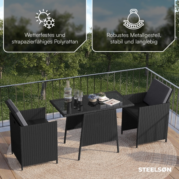 STEELSØN 'Xenara' Polyrattan 3-tlg. Gartenmöbel Set, Sitzgruppe aus 2 Stühlen und Tisch mit Glasplatte, zusammenklappbar, schwarz/anthrazit, wetterfest Bild 5