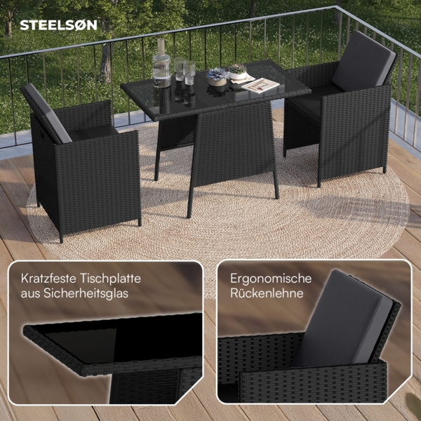 STEELSØN 'Xenara' Polyrattan 3-tlg. Gartenmöbel Set, Sitzgruppe aus 2 Stühlen und Tisch mit Glasplatte, zusammenklappbar, schwarz/anthrazit, wetterfest Bild 3