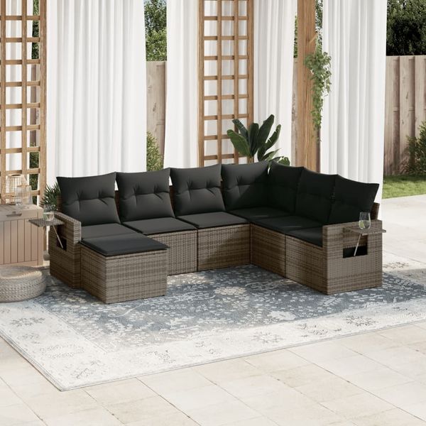 vidaXL 7-tlg. Garten-Sofagarnitur mit Kissen Grau Poly Rattan 3220499
