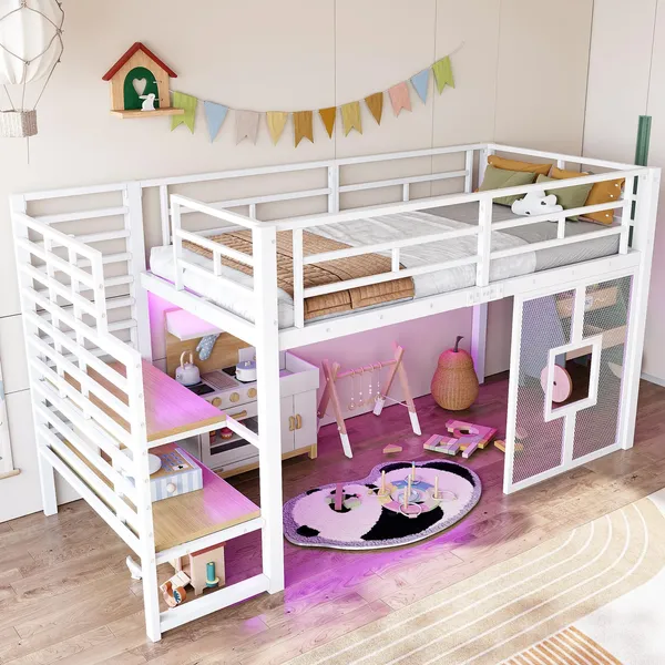 Hochbett mit LED-Streifen, Lattenrost, Rausfallschutz und Fenstern, Treppe mit Regal, 90x200 cm, Einzelbett, Kinderbett, Metall