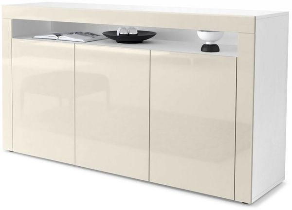 Vladon Sideboard Valencia, Kommode mit 3 Türen und 1 offenem Fach, Weiß matt/Creme Hochglanz/Creme Hochglanz (155 x 92 x 40 cm)
