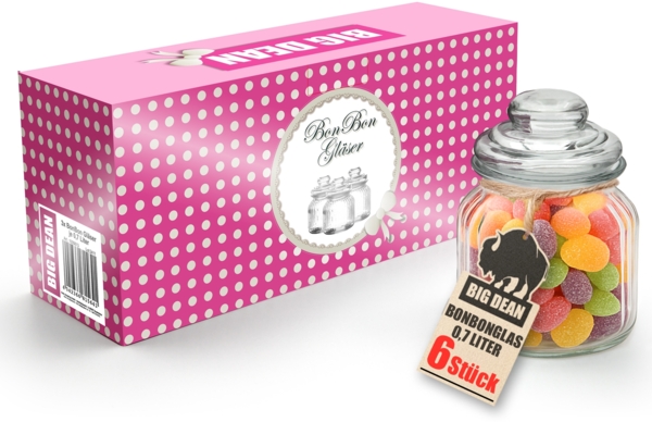 BigDean Bonbonglas 6x 700ml Bonboniere Bonbonglas mit Deckel in Geschenkbox Vorratsgläser Spülmaschinfest Candy Bar Gläser