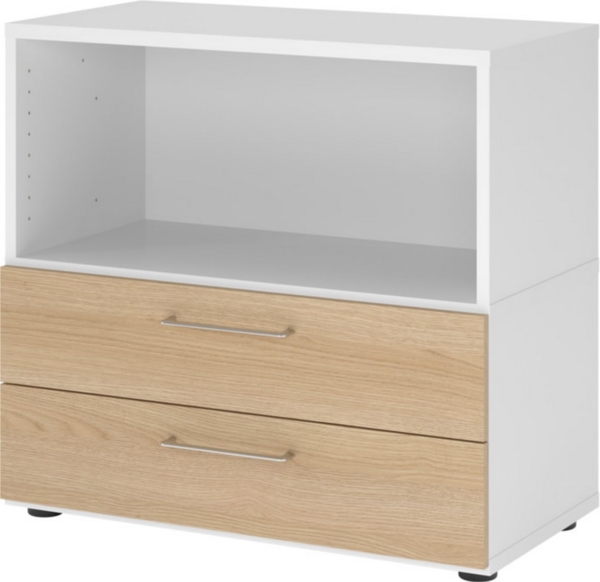 bümö flexi Aktenschrank klein mit 2 Schubladen & 1 Regalfach in Weiß/Eiche, Büroschrank mit werkzeuglosem Schnellmontage-Klicksysten in modularer Bauweise, FW28S2KG-W-E-BS