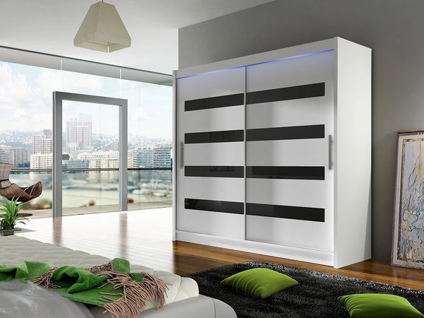 Kleiderschrank London XI, mit RGB LED Beleuchtung, Farbe: Weiß / Weiß + Schwarz Lacobel