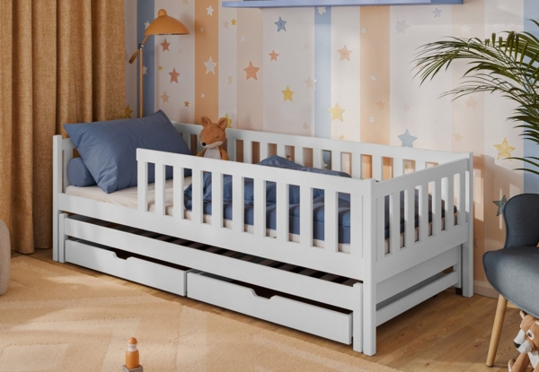 Kids Collective Kinderbett mit Rausfallschutz, Lattenrost und optionaler Matratze, Kinder Bett (mit Ausziehbett und zwei Schubladen), 90x200cm: von 4. bis 18. Lebensjahr, weiß