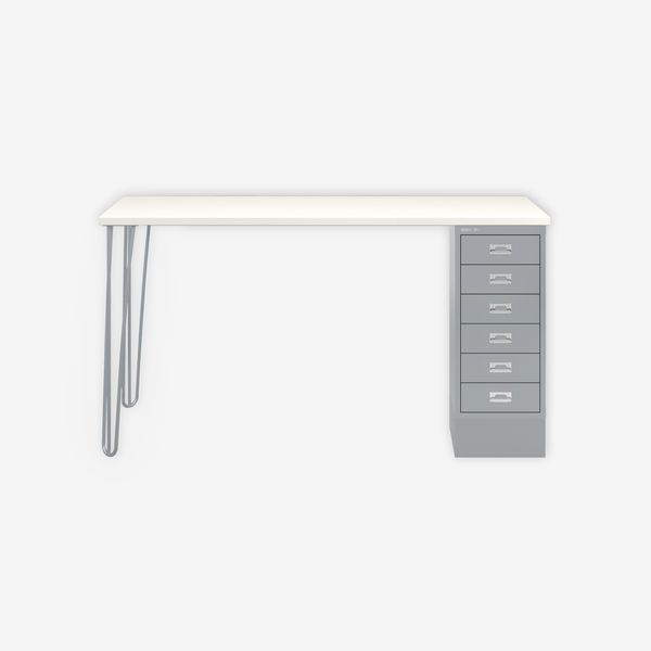 MultiDesk, 2 Eichenfüße, 1 MultiDrawer mit 6 Schüben, Dekor Weiß, Farbe Silber, Maße: H 740 x B 1400 x T 600 mm