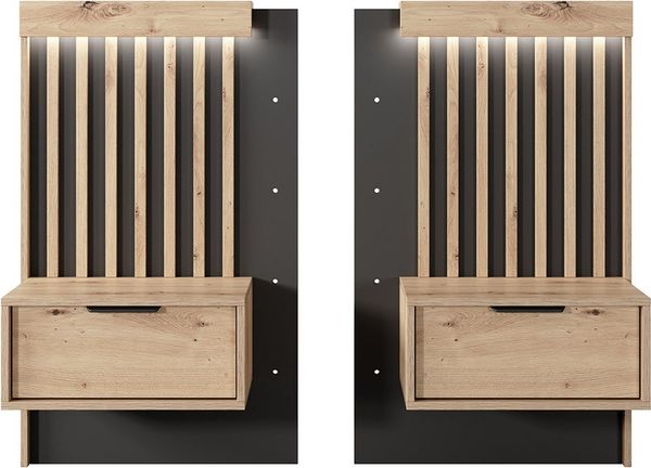 Lomadox Nachtschrank TALCA-167 Eiche Dekor anthrazit Lamellen Paneel Schubladen 50 cm Beleuchtung