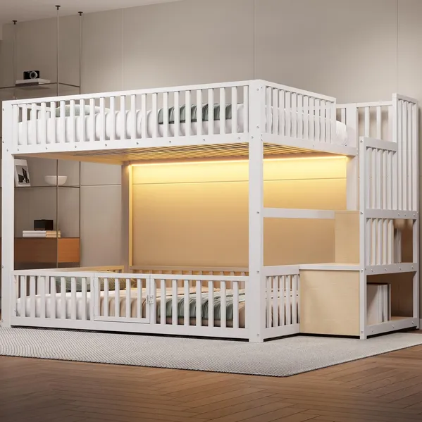 Etagenbett mit 1 Lattenrost, RGB LED-Streifen, Rausfallschutz und Tür, Treppe mit Regal, 140x200 cm, Kinderbett, Metallbett