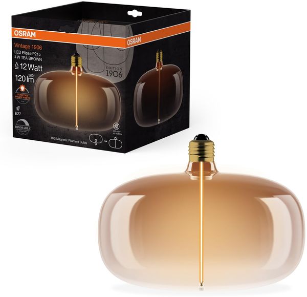 Osram Vintage 1906 Big Elipse ist eine dimmbare LED-Lampe mit Filament in Ellipsenform. Sie bietet 4 W für 120 lm, E27 Fassung, Tea Brown Glas, 215 mm Durchmesser, Farbwiedergabe CRI 80, 1800 K.