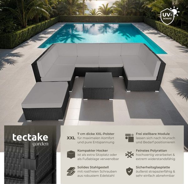 tectake Loungeset Rattan Sitzgruppe mit Sicherheitsglasplatte, für 6 bis 7 Personen, (Gartenlounge-set Venedig, 8-tlg, geeignet für Outdoor in Schwarz/Grau), widerstandsfähig und UV-beständig, Dicke der Polster 7 cm