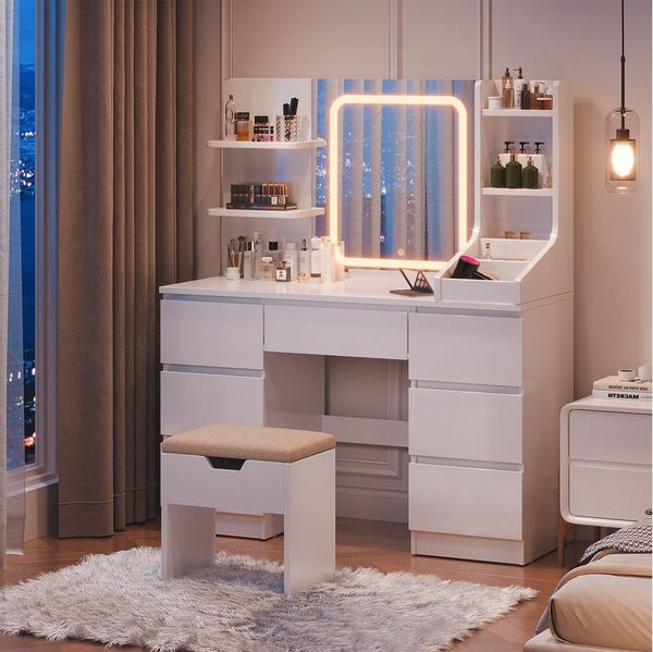 HOMALL Schminktisch Eingebaute LED-Beleuchtung, einstellbare Helligkeit, mit 7 Schubladen (GroBe 110*40*139cm Bestes Geschenk fur Ehefrau/Tochter ostern geschenke)