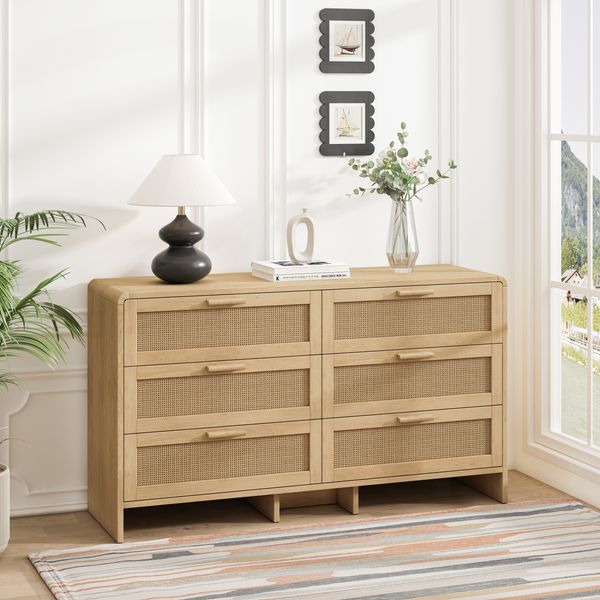 Kommode 74x40x130 cm, 6 Schubladen mit Rattanfronten, natürliche Farbe, abgerundete Ecken