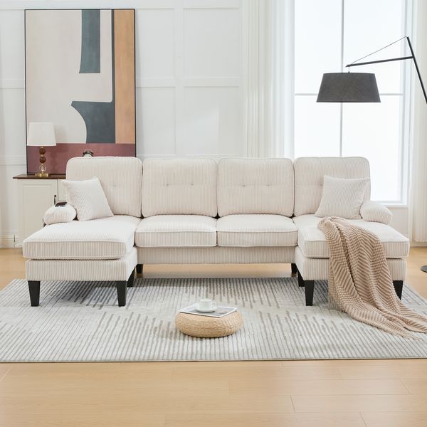 U-Form Sofa, Cord mit 2 Chaise-Longues & USB-Anschluss, 250x130x88 cm, Beige