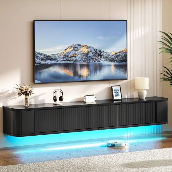 YITAHOME 180 cm Schwebender TV-Stand, Wandmontierte TV-Regale mit RGB-LED-Beleuchtung, Schwarz Hochglanz TV-Mediakonsolle, Schwebender TV-Schrank mit Großem Stauraum für Wohnzimmer und Schlafzimmer