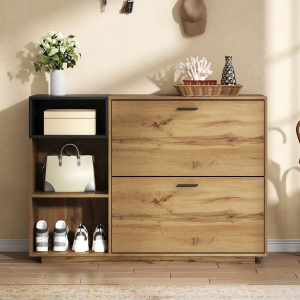 Schuhschrank 120x32x84,5cm aus MDF, mit 3 offenen Fächern & 2 Klappfächern,Doppelschrank, max. 50kg belastbar,Eingangsschrank, Sideboard,Naturholzfarbe + Schwarz