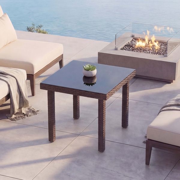Poly-Rattan Gartentisch Cava, Esstisch Beistelltisch Tisch mit Glasplatte, 80x80cm ~ braun