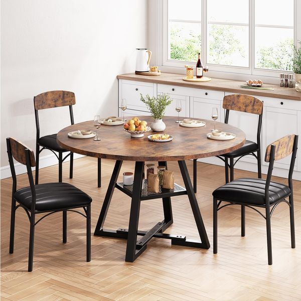 Jocoevol Runder Esstisch und 4 Esszimmerstühle Set, Essgruppe 5-Teilig, Esszimmertisch mit Ablage und 4 stühle, platzsparender Küchentisch aus Holz im Industrial Design (Vintage Braun, 130 x 130 x 76 cm)