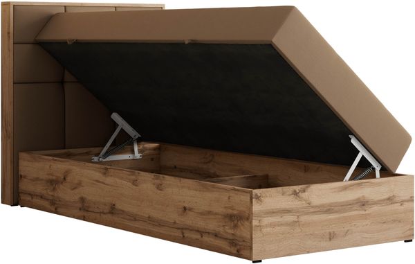 Boxspringbett ALBERO 1 90x200 mit Stauraum, 7-Zonen Multipocket Matratze H3, Bettkasten mit Federautomat, Öffnungsseite wählbar, Hotelbett - Braun Kunstleder - Topper T25 - Links Bild 4