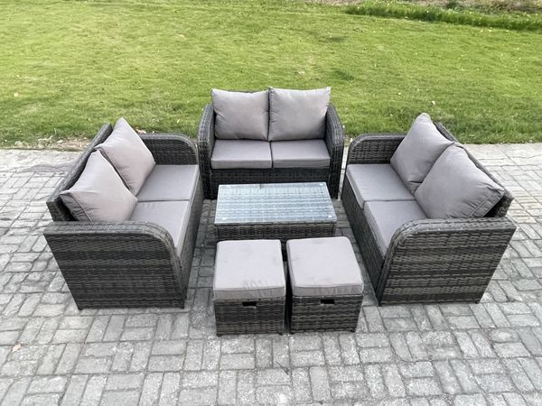 Fimous Gartenmöbel-Sets 8-Sitzer Polyrattan Möbel Sofa Sets mit Rechteckiger Couchtisch Love Sofa 2 kleine Fußhockern Dunkelgrau Gemischt