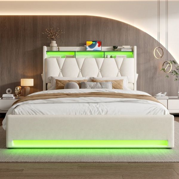 KLAM HOME Polsterbett 140x200 & 160x200 cm mit Lattenrost und weichem Bezug, USB Type-C Ladefunktion Stauraum mit klappfunktion, Stauraum-Kopfteil