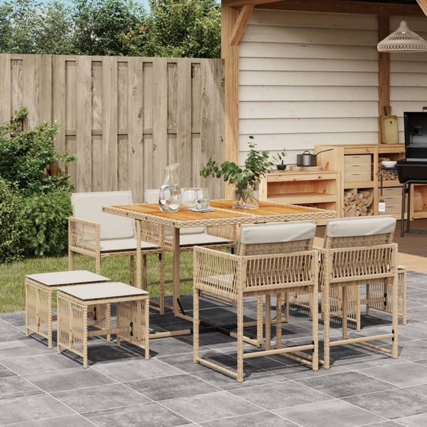 vidaXL 9-tlg. Garten-Essgruppe mit Kissen Beige Poly Rattan 3211504