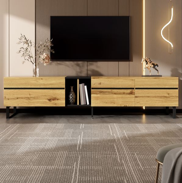 TV-Lowboard 180 x 38 x 45 cm mit Klappfach und Türen – Wohnzimmerschrank aus Spanplatte in Holzfarbe