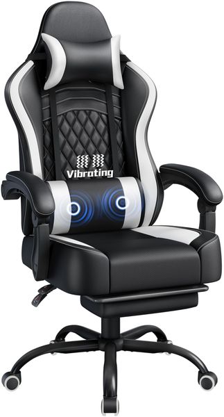 Yaheetech Gaming Stuhl, Ergonomischer Gaming-Stuhl mit Massagefunktion & Ausziehbarer Fußstütze, Verstellbare Rückenlehne, Höhenverstellbar, PC-Stuhl Computerstuhl Drehsessel (Schwarz & Weiß)
