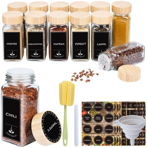 FIVMEN Gewürzstreuer Gewürzgläser Eckig Set mit Deckel Gewürz Organizer Gewürzbehälter, (12-tlg), mit Trichter, Leeren Aufklebern, Reinigungsbürste, Sieben, 120ml