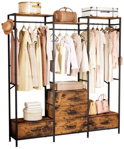 Yorbay Kleiderständer Kleiderregal mit 3 Kleiderstangen, 5 Schubladen & 4 Haken, (151 x 34 x 193,6 cm), Ideal als Garderobenständer für Schlafzimmer, Ankleidezimmer