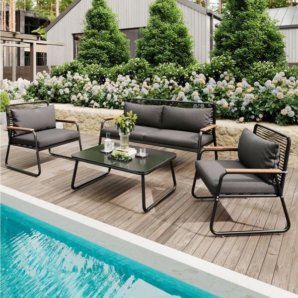 Flieks Gartenlounge-Set, 4-Sitzer Gartenmöbel Balkonset mit Tischplatte aus gehärtetem Glas