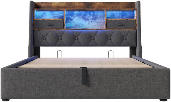Polsterbett 140x200 mit LED-Ambiente, hydraulischem Stauraum, USB & Typ-C Ladeanschlüssen,Ablageregal & Taschen – Bettgestell Grau Bild 9
