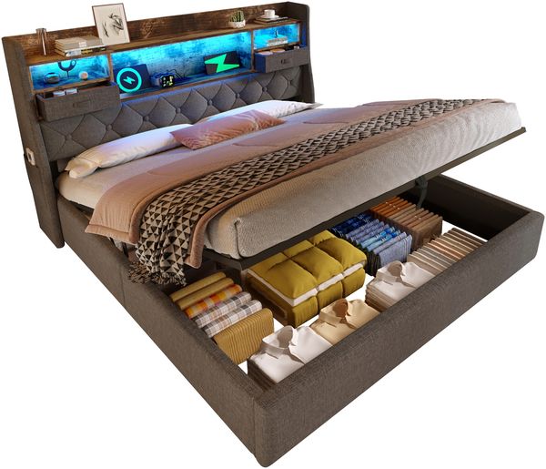Polsterbett 140x200 mit LED-Ambiente, hydraulischem Stauraum, USB & Typ-C Ladeanschlüssen,Ablageregal & Taschen – Bettgestell Grau Bild 8