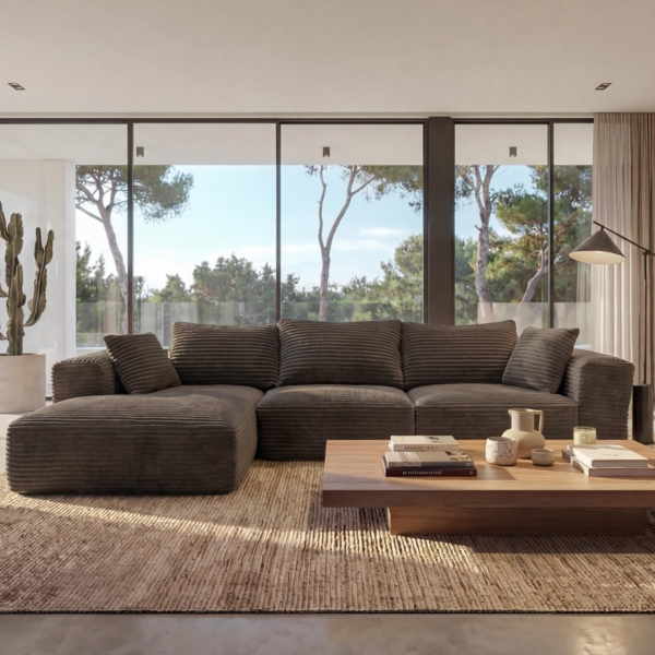 Sofa-Garnitur HWC-P20, 3-Sitzer Couch Loungesofa, Stoff/Textil Cord (370 g/m²) Liegefläche links ~ braun