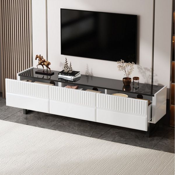 Odikalo Lowboard TV-Schrank TV-Ständer mit Schubladen (mit drei Schubladen, niedriges TV-Möbelstück. Klassisches Schwarz-Weiß-Design. 170 x 35x 47 cm (Länge x Breite x Höhe)